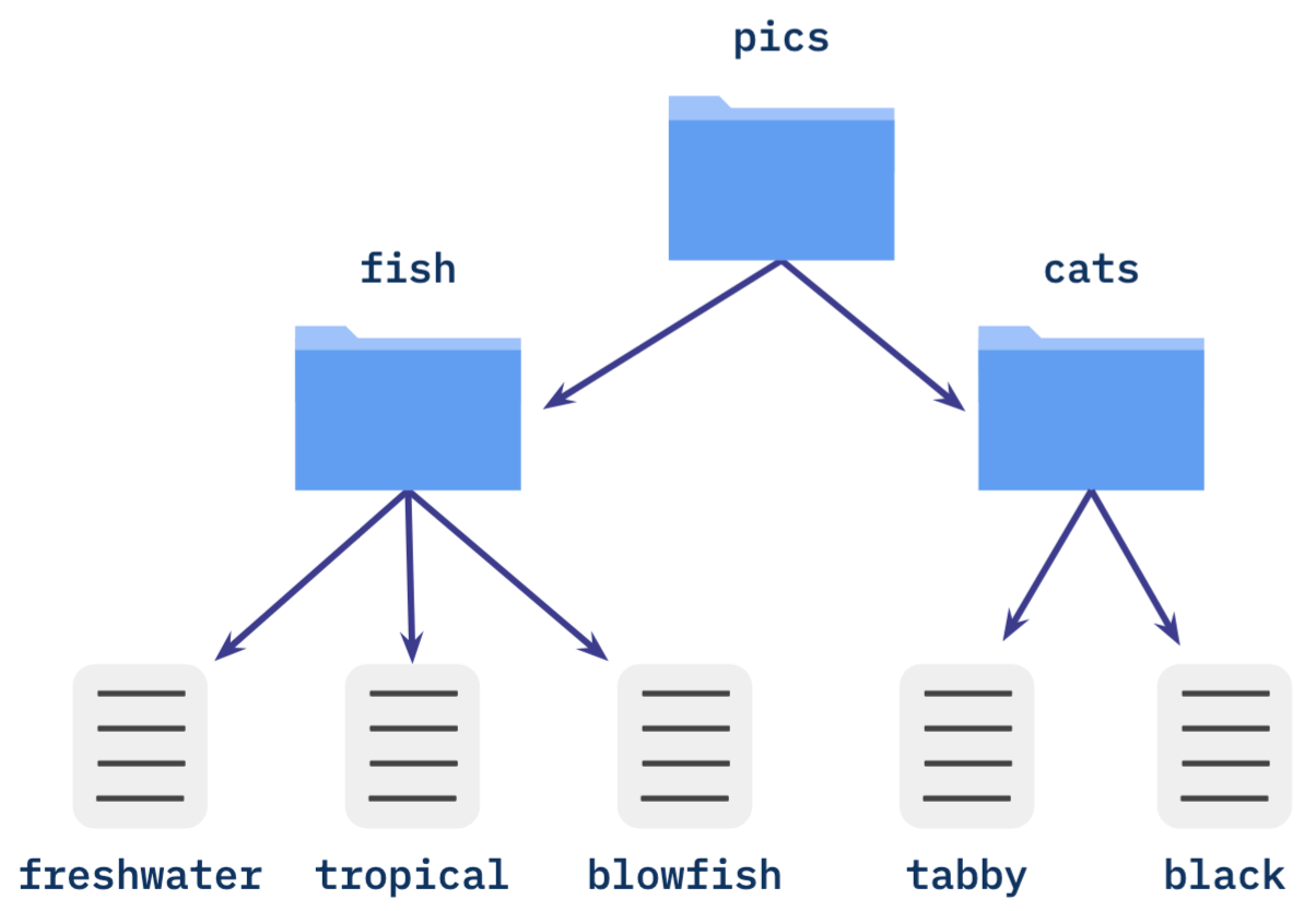 An image depicting a graph of the file directory described in Lesson Two, using simplified filenames. Arrows are drawn pointing from directories to their contents to indicate containment.