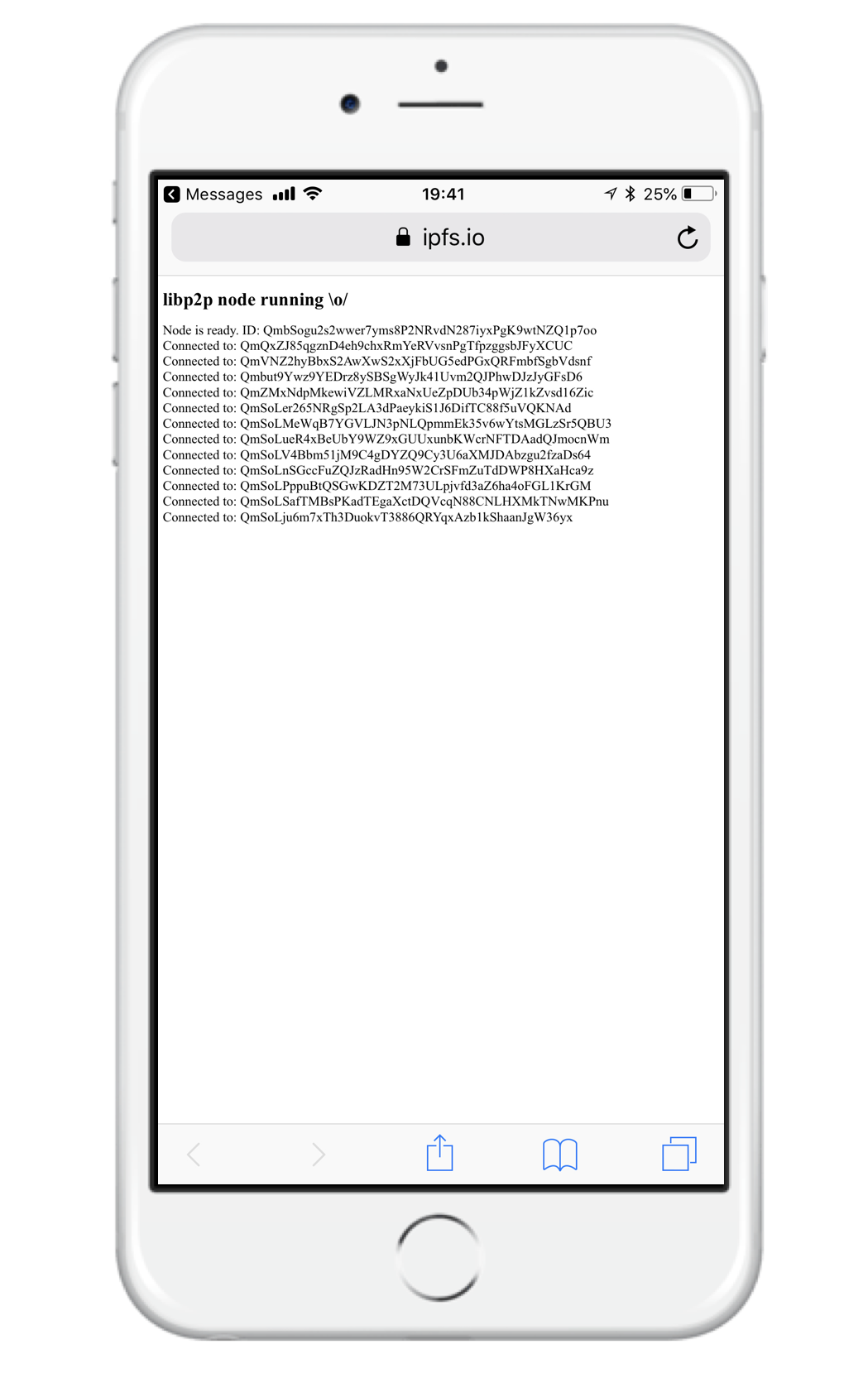 Screenshot of a libp2p node running in a mobile browser